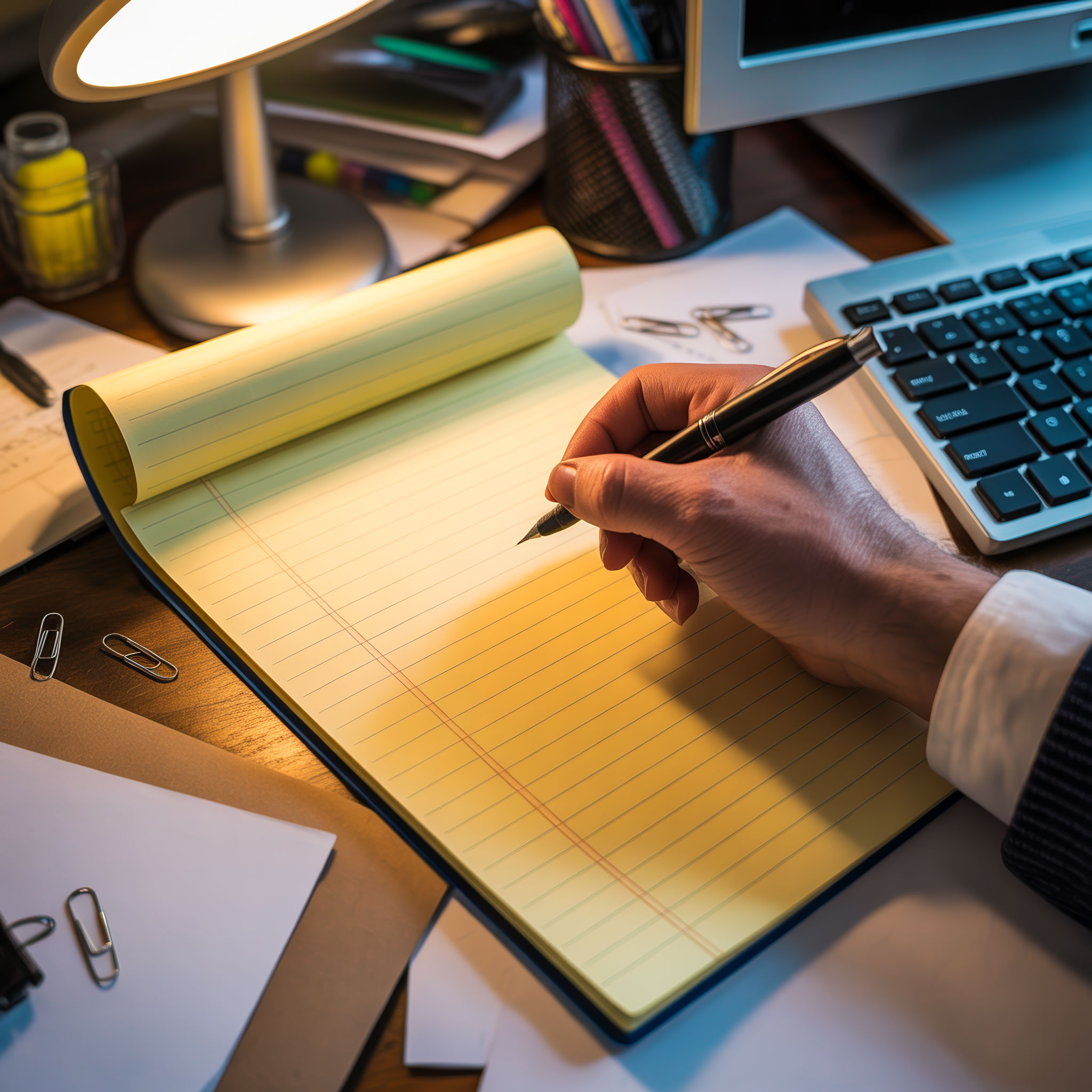 A hand writing on a yellow legal pad beside a desk lamp