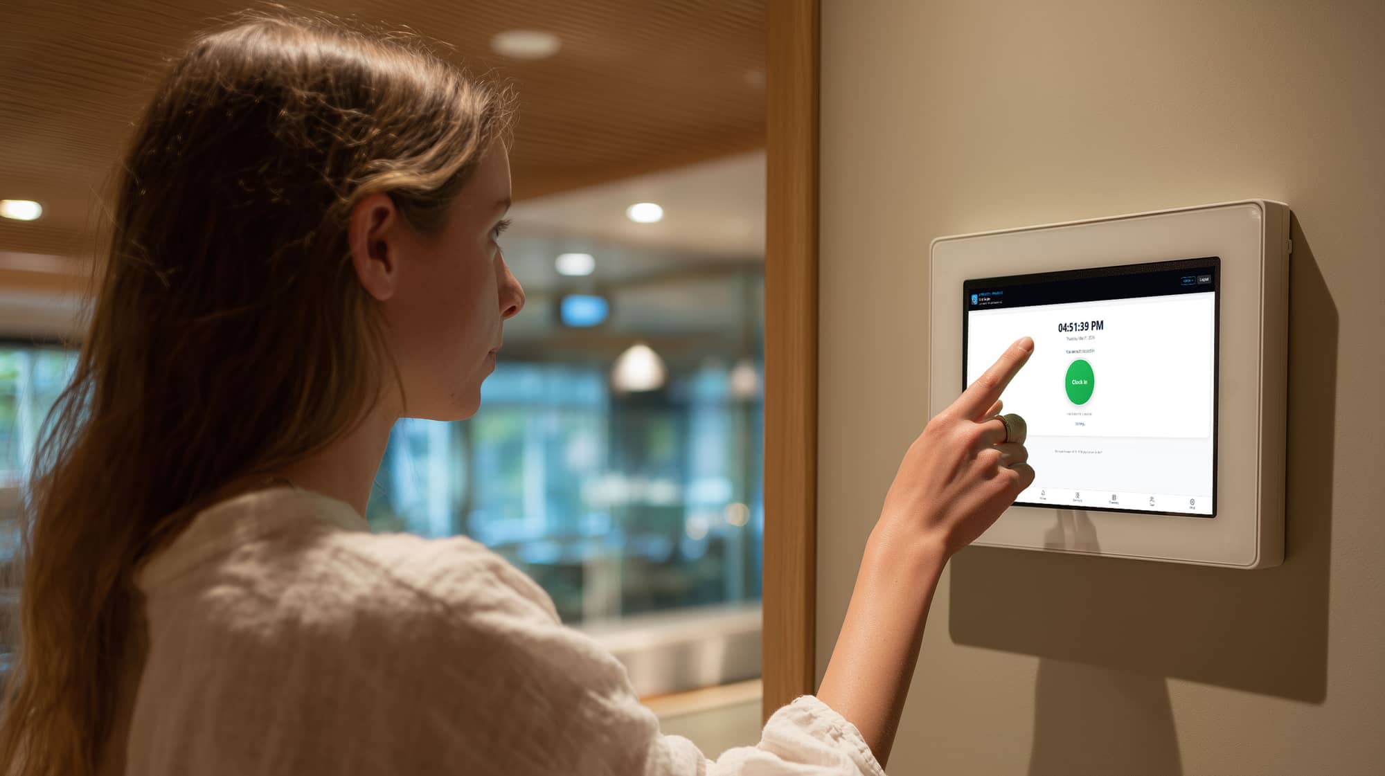 A staff member clocking in on a wall-mounted time-clock tablet at a commercial property