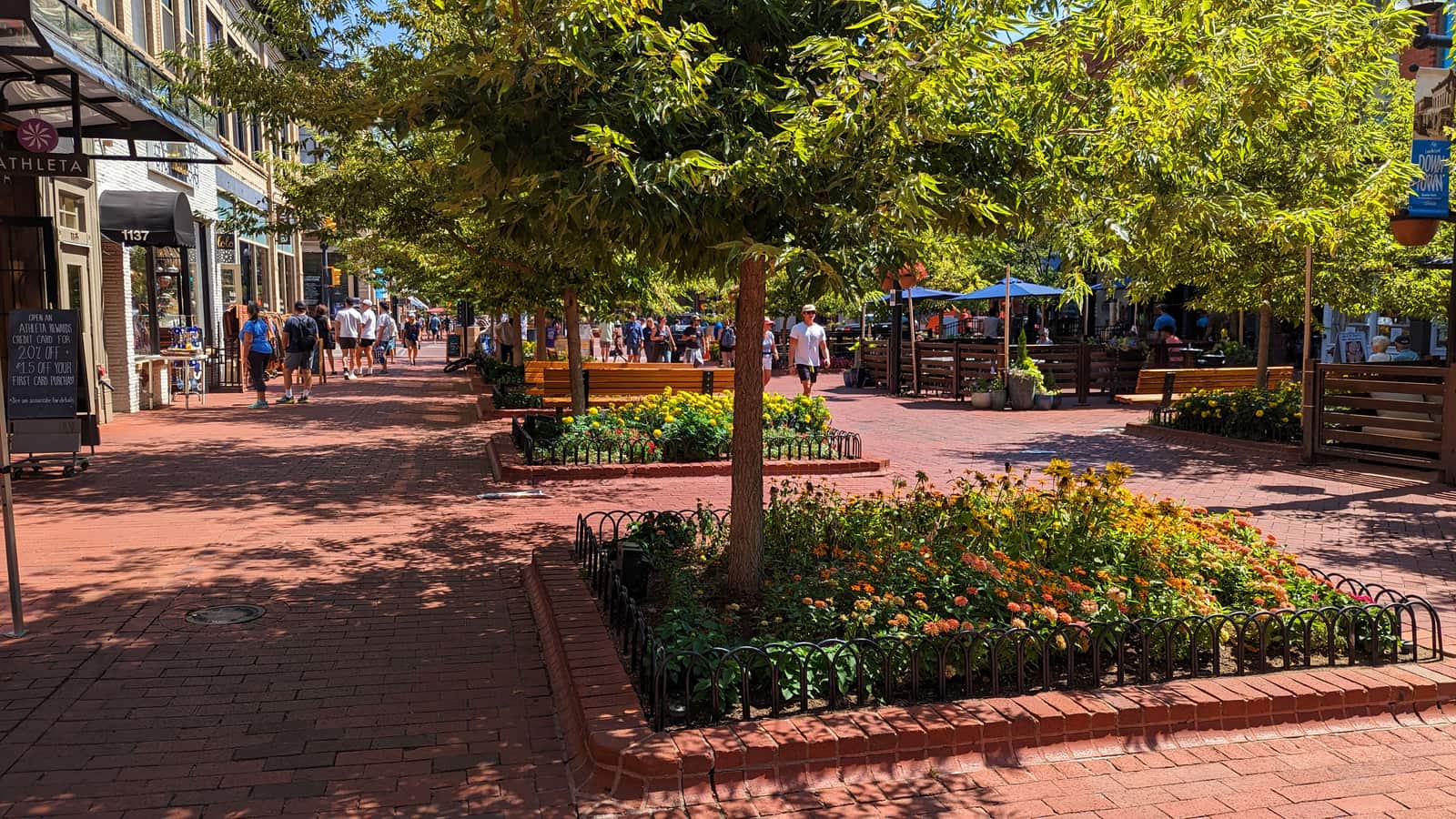 A sunlit commercial promenade with shops and walkers